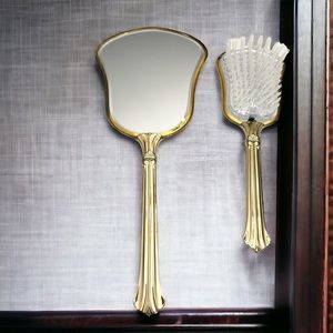 Vintage Gold Tone Mirror & Nylon Hair Brush Victorian Floral Marked Nylon USA